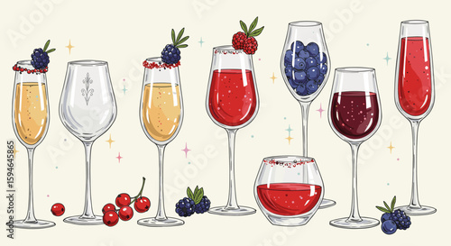 Elegant wine glasses with fruits and berries in flat style art