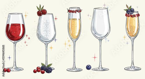 Elegant glassware with festive drinks and berries in hand-drawn style