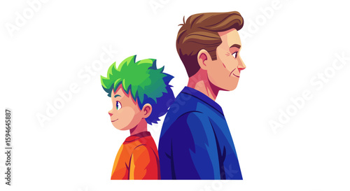 Colorful generation gap concept with cartoon characters standing back to back