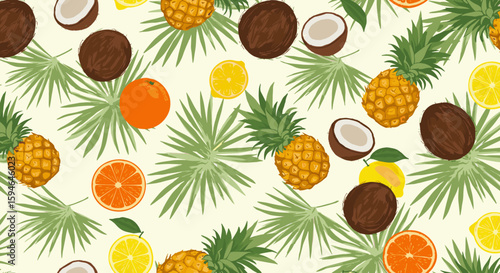 Tropical fruit pattern with palm leaves in watercolor style for summer decor