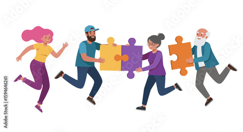 Diverse group of people connecting puzzle pieces in teamwork concept