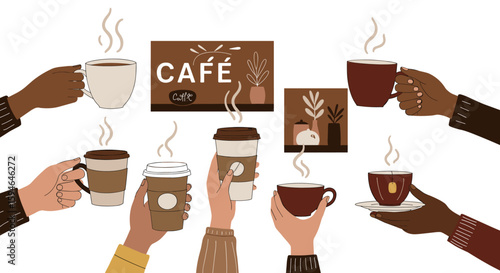 Coffee culture art with diverse hand gestures and cups in modern style
