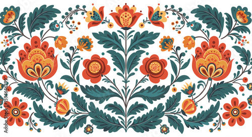 Elegant floral pattern with vibrant folk art motifs in symmetrical design