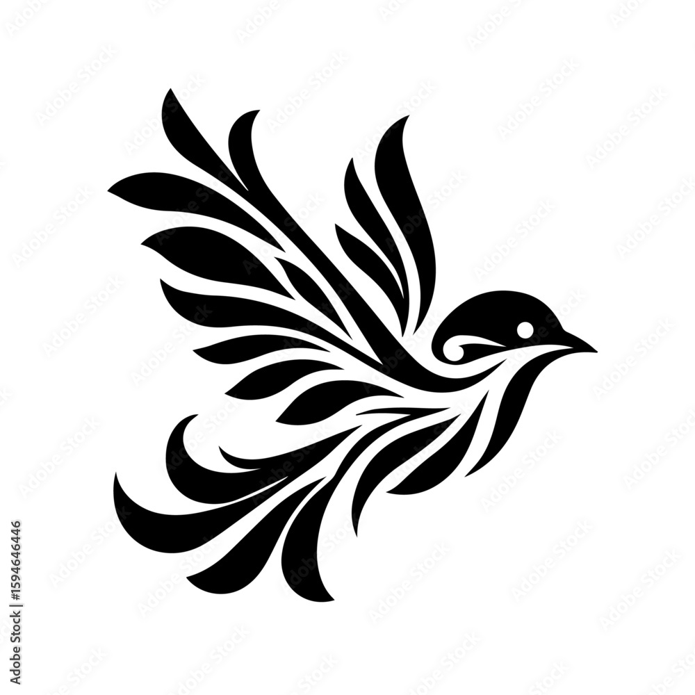 Fototapeta premium Stylized Black Bird Flying with Flowing Feathers.