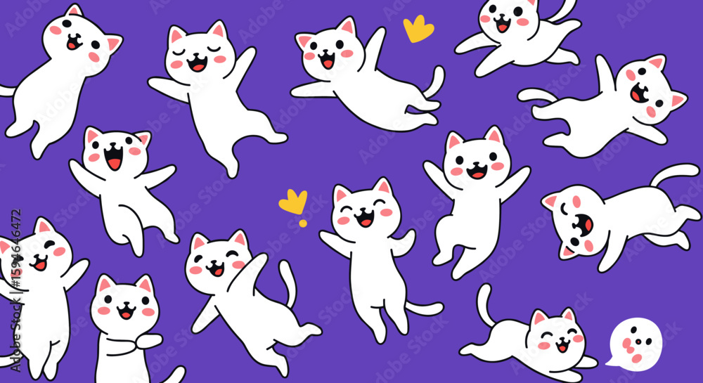 Fototapeta premium Playful cartoon cats pattern with heart accents on purple background