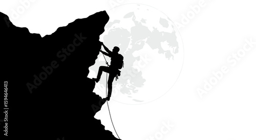 Rock climber silhouette against full moon on cliff edge