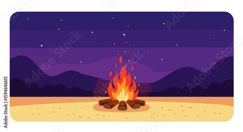 Nighttime campfire in desert landscape with starry sky and mountains