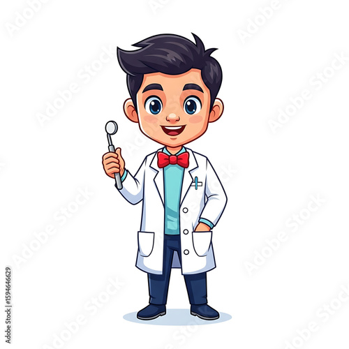 Cartoon Dentist Holding Dental Mirror, Smiling, Wearing White Coat and Red Bow Tie.