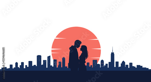 Silhouette of a couple embracing at sunset against city skyline