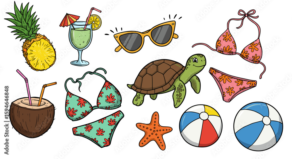 Obraz premium Summer vibe doodles: tropical drinks, swimwear, and beach fun elements