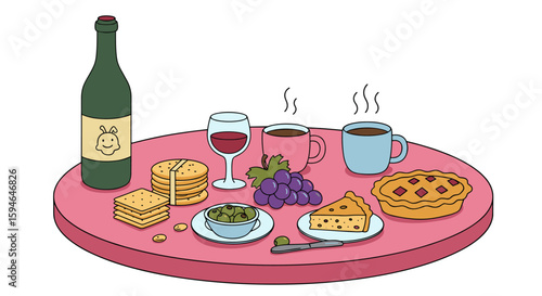 Picnic spread with wine, snacks, and coffee on round table