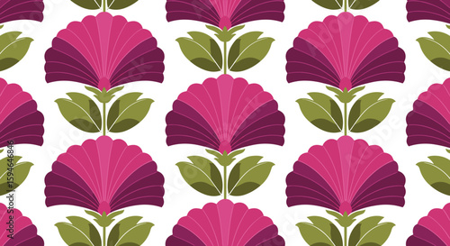 Seamless floral pattern with retro fan shapes in bold pink and olive tones