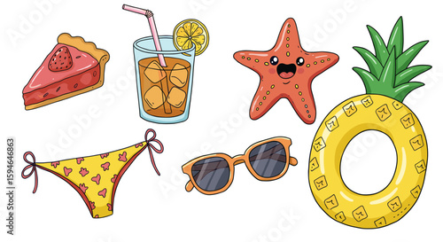 Colorful summer icons: beachwear, refreshments, and fun accessories