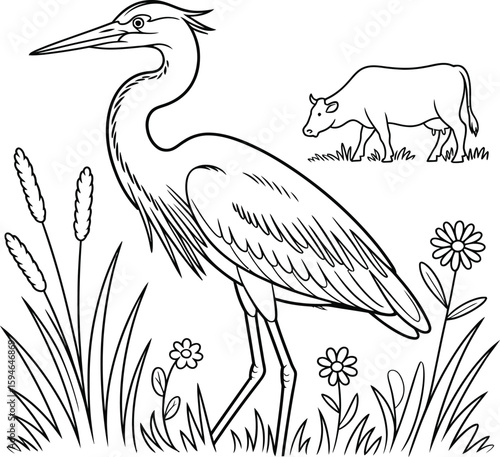 Great Blue Heron Bird and Cow Line Art: Wildlife, Nature, and Farm Animals