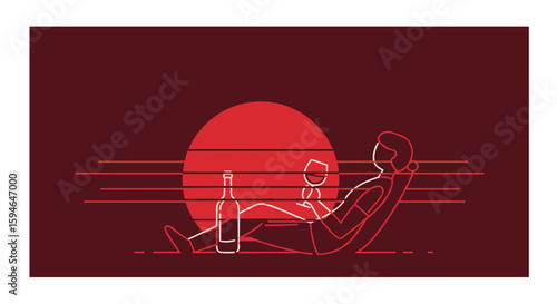 Minimalist sunset relaxation with wine: linear design of person unwinding