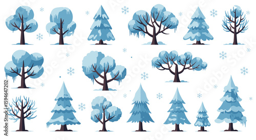 Winter trees collection: diverse varieties covered in snow with snowflakes