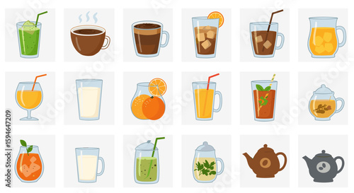 Assorted beverage icons: coffee, tea, juice, and smoothies in flat style