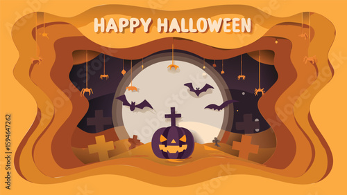Happy halloween scene with pumpkin, bats, spiders, tombstones, and a full moon in layered paper style