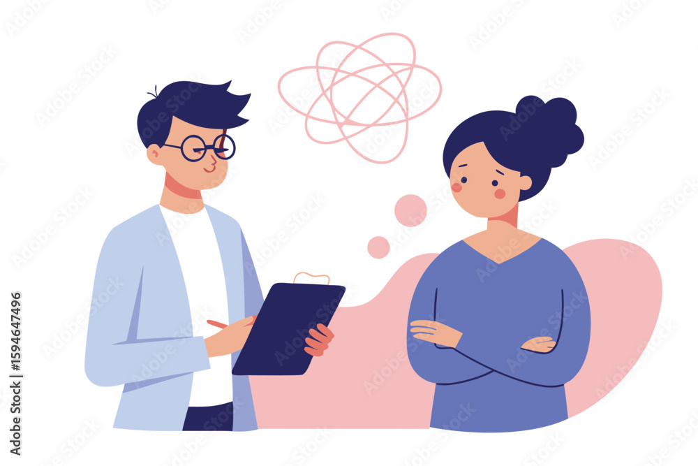 Fototapeta premium Anxious Woman with Tangled Thoughts Talking to Therapist Taking Notes on Clipboard