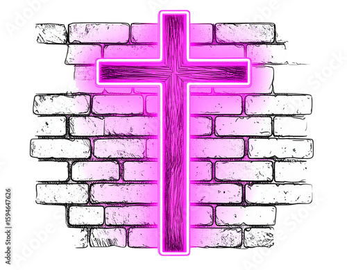 Hand-Drawn Illustration of Pink Glowing Christian Cross on Brick Wall, Transparent Background