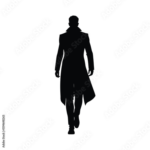 Confident Man In Long Coat Walking Forward With Style Line Art Vector illustration