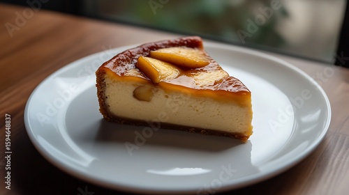 Fototapeta Naklejka Na Ścianę i Meble -  Slice of Cheesecake Topped with Caramelized Peaches on a White Plate