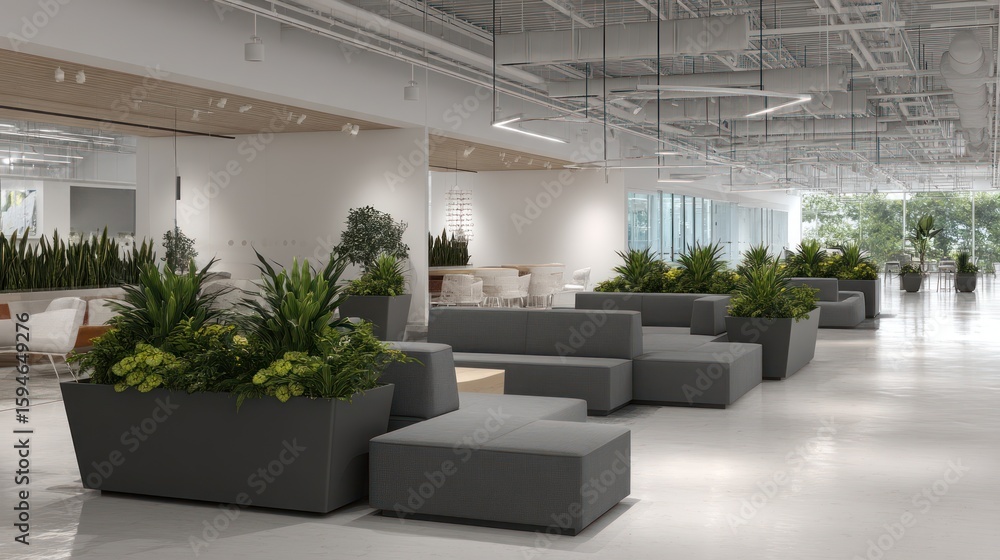Fototapeta premium Modern open-plan office area with comfortable seating and greenery.