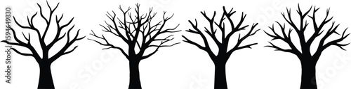 black and white illustration, bare tree silhouettes, dark branches, minimalist landscape, monochrome, digital art
