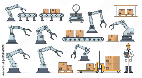 Automated industrial manufacturing processes featuring robotic arms conveyor belts and packaging equipment