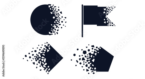 Abstract geometric shapes dissolving into particles isolated on white background symbolizing change fragmentation movement