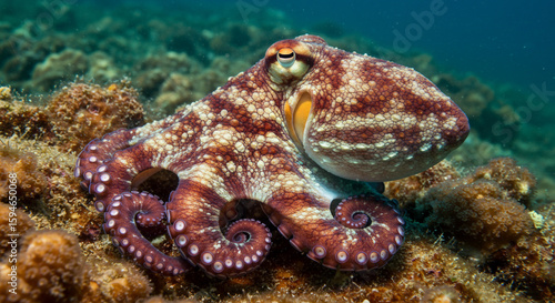 A reddish-brown octopus rests on a rocky seabed covered in algae, its tentacles curled and its eyes observing the surroundings in a clear blue ocean.