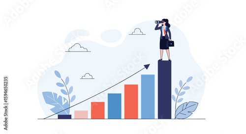 A business professional stands on top of a bar graph looking through binoculars with a rising arrow indicating growth and success