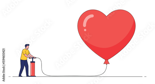 Man is inflating a large red heart shaped balloon using a pump to celebrate love and romance