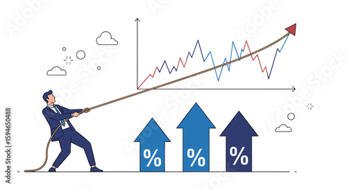 Ambitious businessman pulling upward trending stock market graph symbolizing financial growth and success