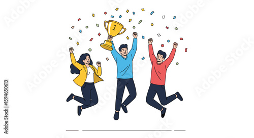 Successful team celebrating with a trophy surrounded by colorful confetti during a joyful victory moment