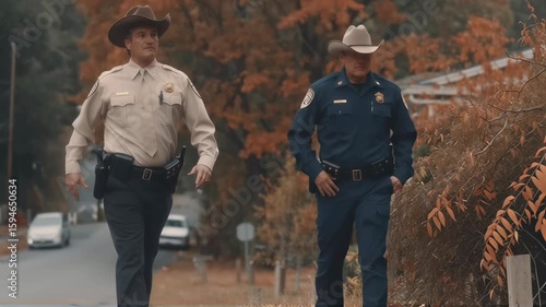 Two law enforcement officers patrolling rural road in autumn. Small town sheriff and deputy on duty. Community policing in countryside setting with fall foliage.