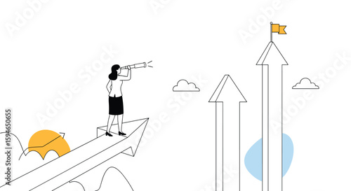 Visionary leader uses telescope to observe distant goals and navigate towards success with clear strategy and determination