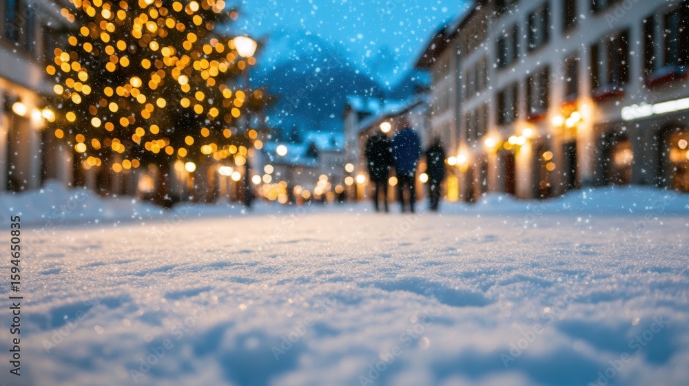 Fototapeta premium Snowflakes festive over urban street during behind season, sparkling christmas tree in foreground, blurred city dwellers walking drifting