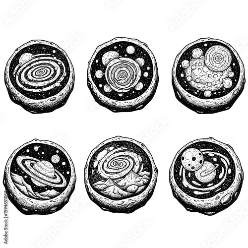 Concept of Multiple Worlds. Multiverse. Parallel Universes — Vintage Black and White Ink Sketch Vector Illustration