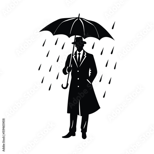 Man In Coat And Tie Waiting Patiently In Rainy Weather Line Art Vector illustration