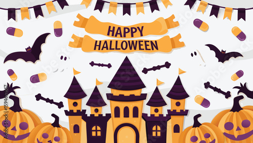 Happy halloween banner with pumpkins, bats, ghosts, castle, bones and candy pills illustration