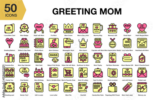 Greeting Mom flat icon set. Includes greeting, mom, mother, love, card, and More. Flat icons vector collection.