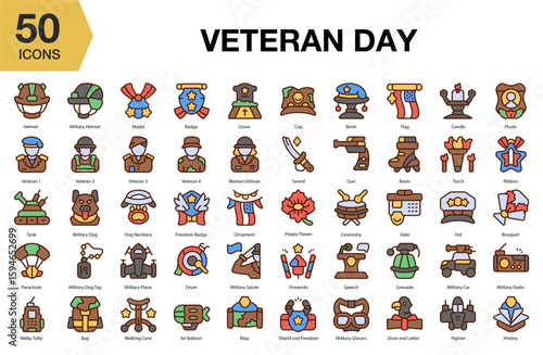 Veteran Day flat icon set. Includes veteran, day, military, honor, and More. Flat icons vector collection.