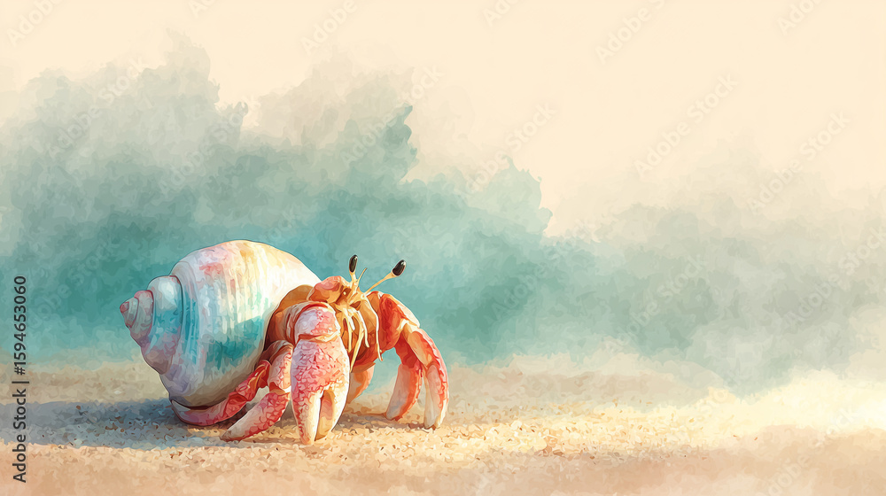 Fototapeta premium Hermit Crab on White Sand Beach Illustration 