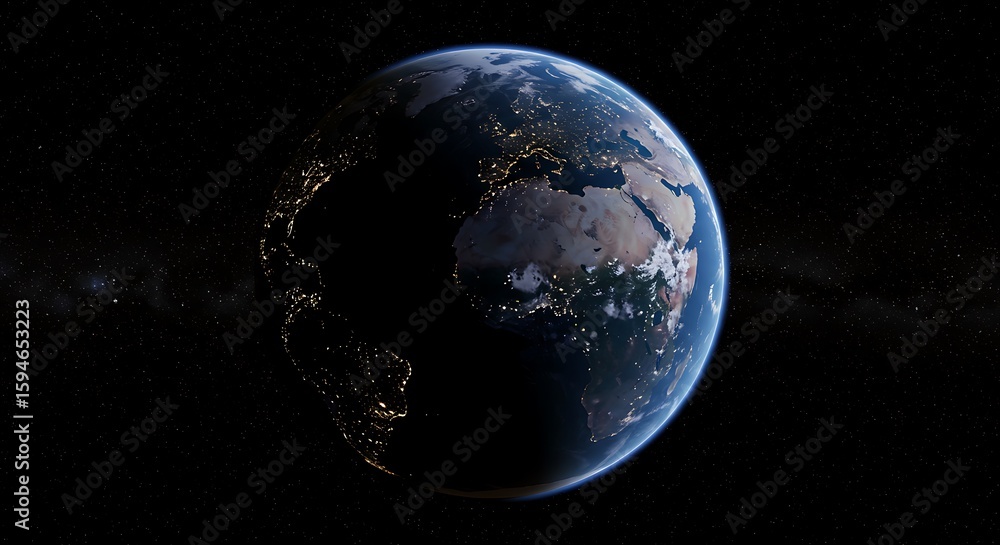 Fototapeta premium Earth glows with city lights at night, revealing the distribution of civilization across the continents from a cosmic perspective
