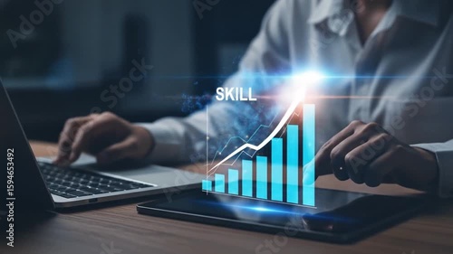 Up skill and personal development concept. employee pointing arrow to upskill or reskill, kill training, education, learning, ability, knowledge and competency for digital transformation.