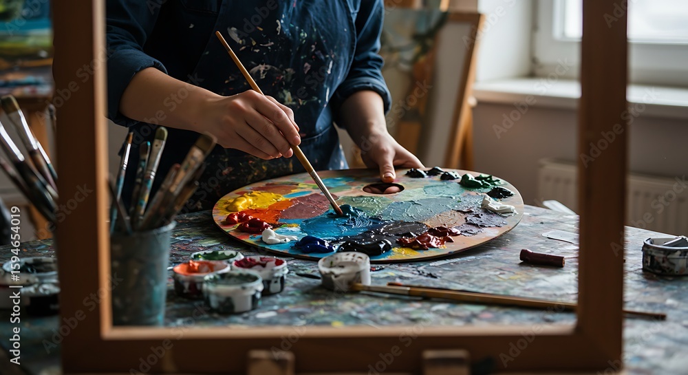 Obraz premium Artist Working on Painting with Colorful Palette in Studio