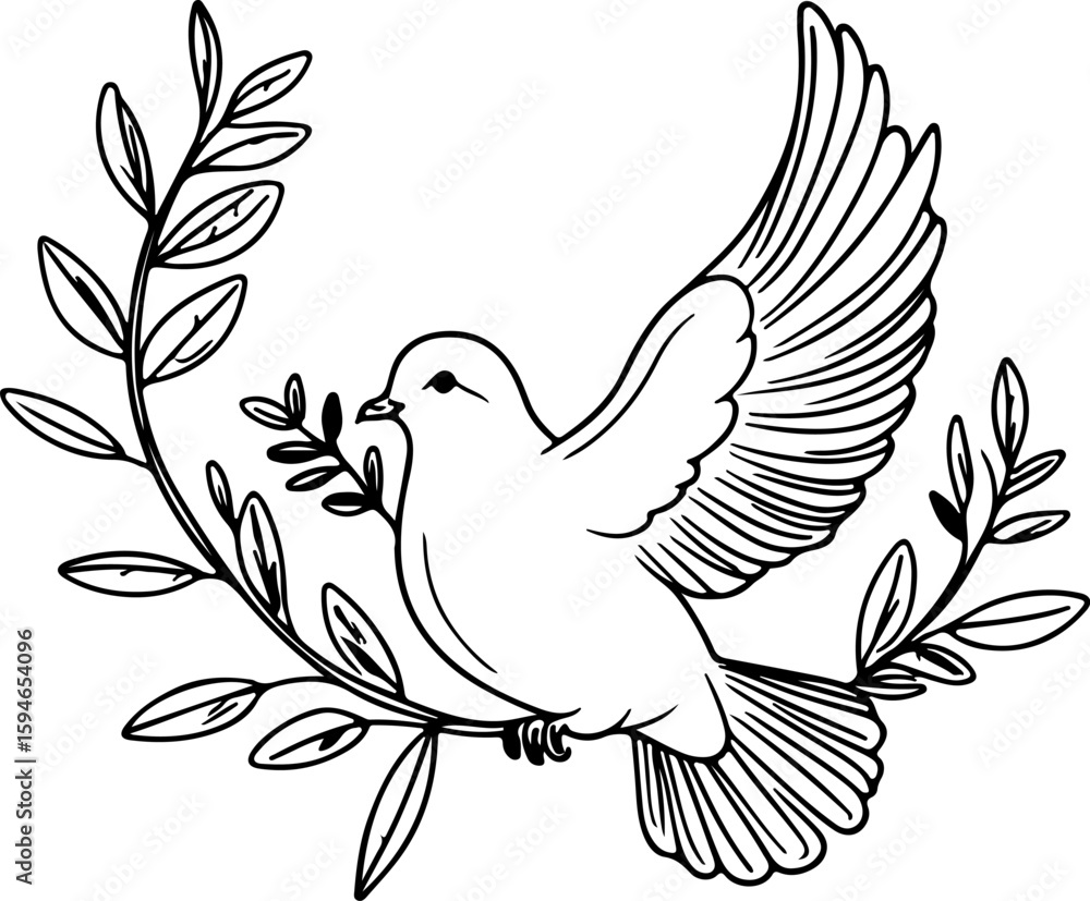 Obraz premium Dove with Olive Branch Silhouette: A classic black silhouette of a dove in flight, carrying an olive branch in its beak, symbolizing peace and hope.