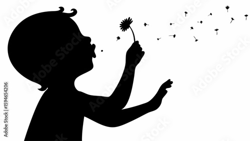 Silhouette of a child blowing on a dandelion with seeds floating away in a white background illustration