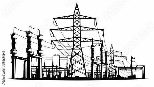 Vector illustration of industrial power and oil refinery plants, construction sites, and electricity towers silhouetted against the sky, depicting the energy industry